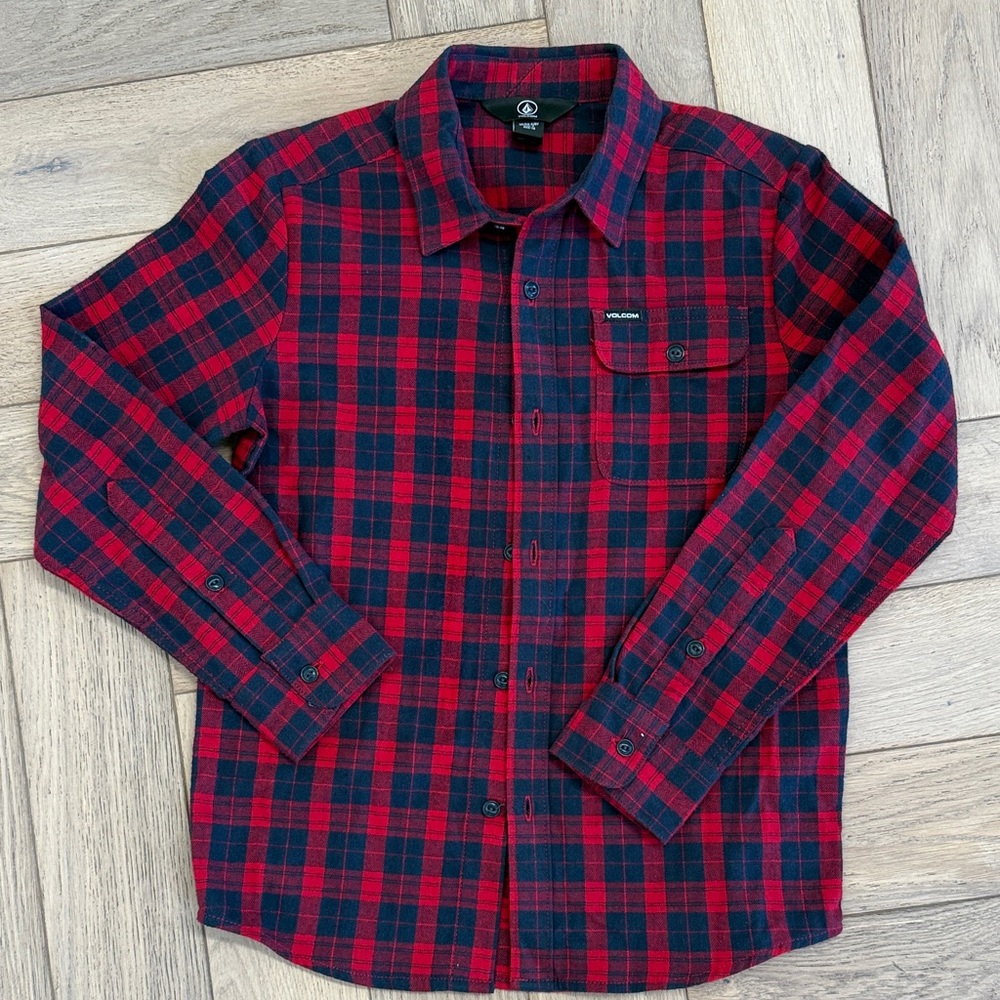 Volcom Red and Navy Plaid Kids Button Down Shirt